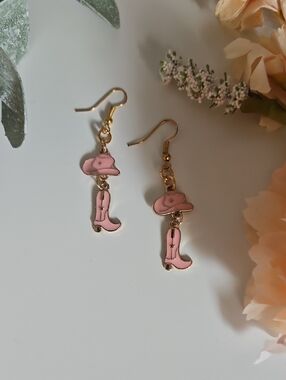 Girls Pink Cowboy Hat & Boot Dangle Earrings - Kids Accessories